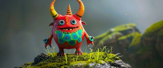  A little red monster stands atop a moss-covered hill, next to a green and yellow grassy hill
