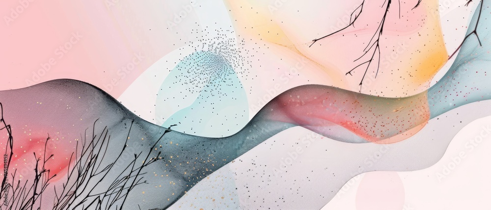 Poster a collection of blurry holographic shapes, black linear forms, and sparklies. this is a modern minim