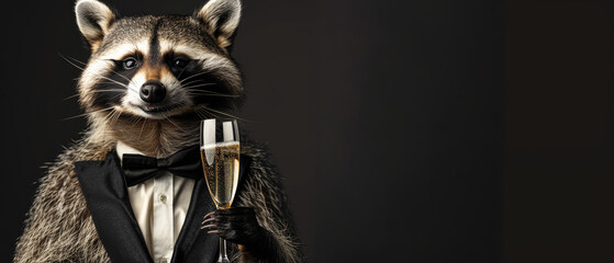 This image captures a raccoon in a tuxedo, raising a champagne glass as if to make a toast, set against a stoic black background - obrazy, fototapety, plakaty