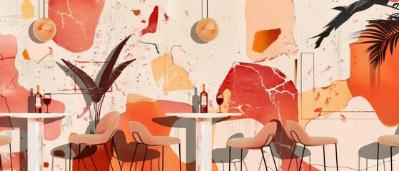 Reservations in a restaurant with a reserved sign on the table. Round table with dishes, vase, wine, and modern chairs. Cafe reservations. Flat cartoon modern illustration.