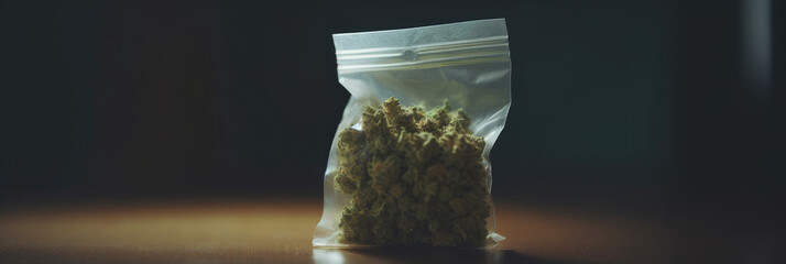 A Lone Bag of Cannabis Rests on a Wooden Surface in Dim, Ambient Light