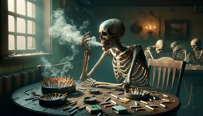 Human skeleton sitting at a wooden table. The skeleton has several cigarettes clenched between its teeth, the smoke billowing upward. The table is littered with ashtrays filled with cigarette butts an