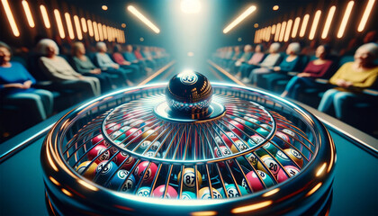 Bingo setup on a wooden table, with a clear focus on colorful bingo balls in a metal cage. The warm atmosphere of a community hall.