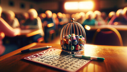 Bingo setup on a wooden table, with a clear focus on colorful bingo balls in a metal cage. The warm atmosphere of a community hall.