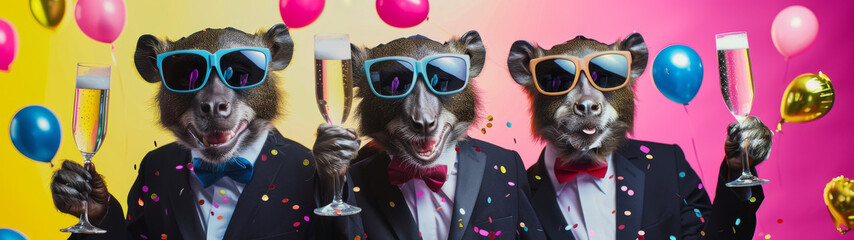 Identical raccoons in party hats and sunglasses hold up their drinks, surrounded by balloons and confetti - obrazy, fototapety, plakaty