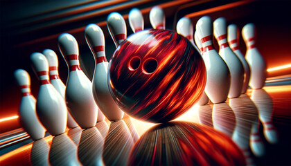 A glossy bowling ball as it hits the front pin in a bowling alley. The image emphasizes the explosive impact and scattering of the pins. - obrazy, fototapety, plakaty