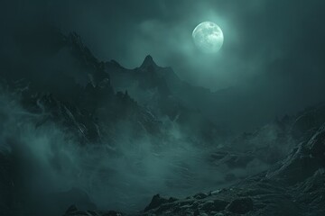 Night time Fog Covered Mountain lit by bright Full Moon. Makes for a spooky background for Halloween illustration or a moody nature theme.  - Powered by Adobe