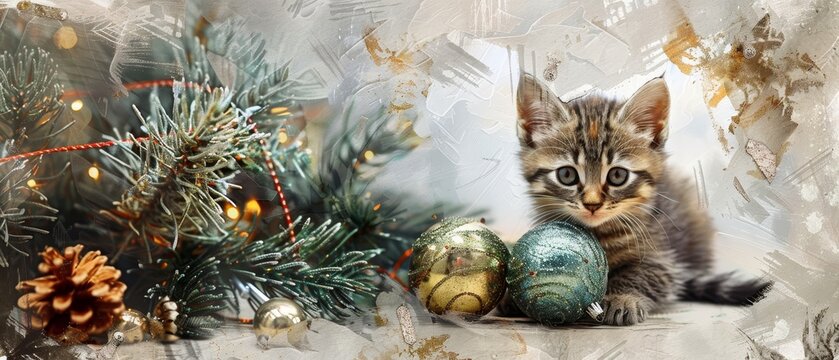 A festive evening mood is captured through this oil painting for cards and greetings. The kitten is looking at glass balls under the Christmas tree. The tree is decorated with garland and glows in