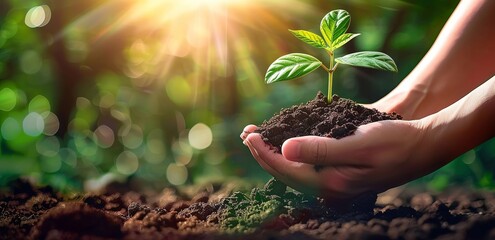 Hands Tenderly Planting Seedlings into the Soil. Made with Generative AI Technology