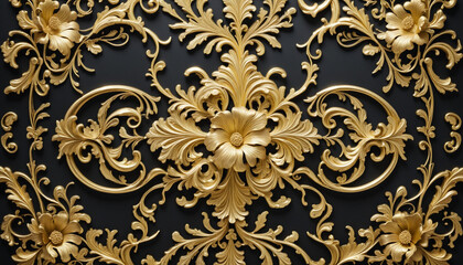 Close-up of an ornate golden baroque pattern with intricate details and shadows on a dark background, showcasing luxurious design colourful background