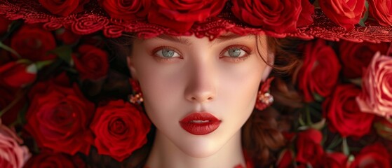  A woman wearing a hat adorned with red roses in her hair is photographed in a close-up