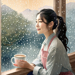 비오는 날 창가에서 커피 한잔