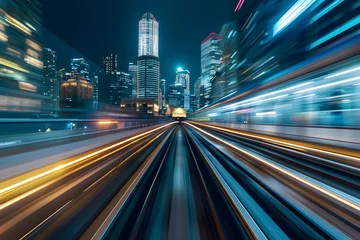 Fotobehang Blurred motion of city lights at night, depicting high-speed urban travel by train or city metro. © john