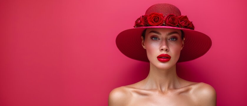  A lady adorned in a scarlet bonnet embellished with radiant blooms and sporting vibrant rouge on her smacker