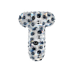 3D inflated balloon letter T with rainbow  transparent glass and black sun smiley childrens pattern