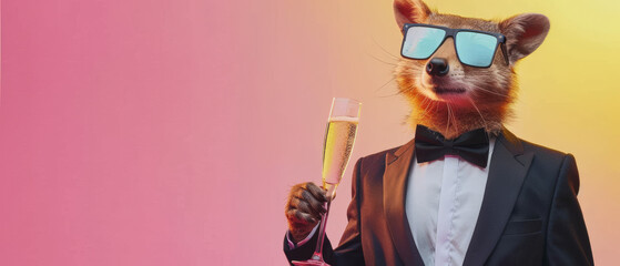 A cool raccoon in a black suit and blue tie toasting champagne on a yellow and pink gradient background