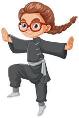 Cartoon girl practicing martial arts stance.