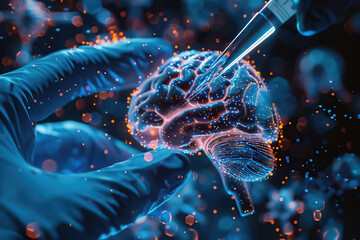 Scientist using CRISPR on human brain cells, macro lens, sterile lab environment, cool blue tones,high detailed
