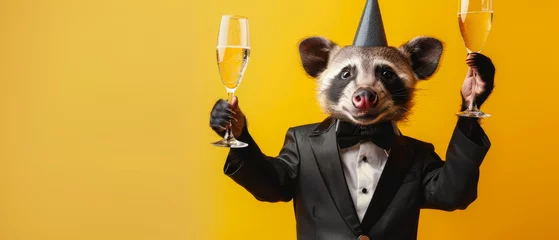 Deurstickers An aardvark dresses in a tuxedo and party hat, holding two champagne glasses with a blurred face as a focal point © Daniel