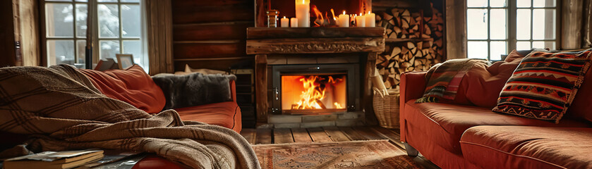 Rustic living room interior, close-up on rugged furniture texture, warm firelight, cozy, inviting space, photographic style