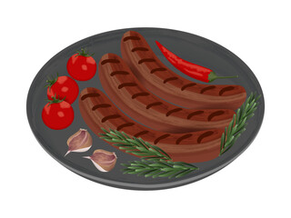Grilled sausages and red tomatoes isolated transparent and white background. Hot chili peppers, garlic cloves and green rosemary black plate. Vector cartoon illustration for restaurant and cafe menu.