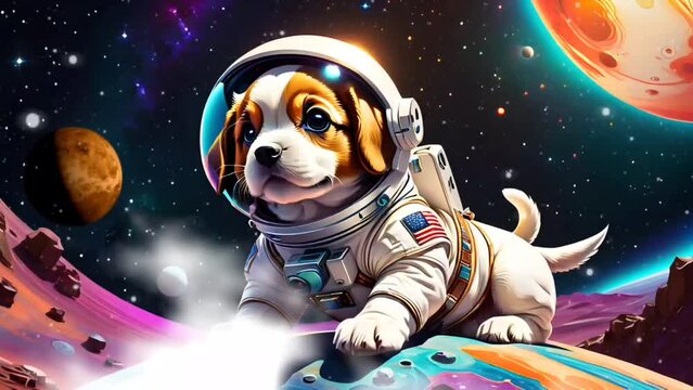 Astronaut dog in space. Seamless looping time-lapse 4k video animation background