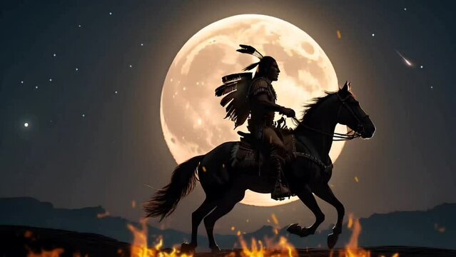 Silhouette of native American Indian warrior with horse on full moon backdrop