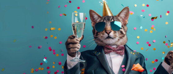 A chic cat in sunglasses raises a toast with a champagne glass amid confetti