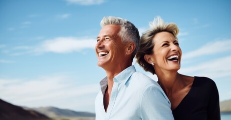 Joyful senior couple's close-up portrait radiating happiness and love