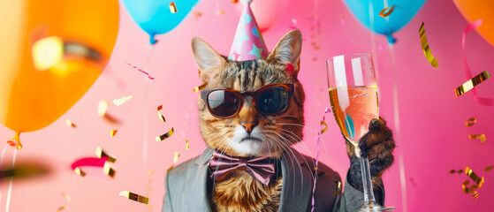 A stylish cat wearing sunglasses and a party hat holds a glass of champagne amidst floating balloons and confetti on a pink backdrop