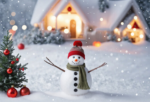 Winter and Christmas background with a snowman and empty space in the image to place text or product presentation colourful background