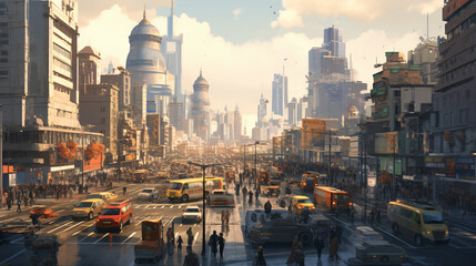 A bustling metropolis with traffic and crowds of peopl