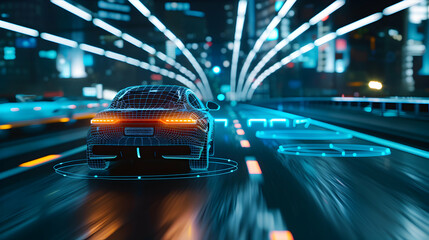 Navigate through the automotive landscapes of car traveling on road at night, Dynamic rear view. 