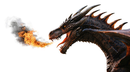black fire dragon spitting flames isolated on white or transparent png - obrazy, fototapety, plakaty