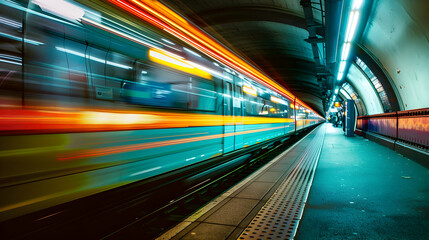 Train moving through a tunnel subway train station motion blur background - obrazy, fototapety, plakaty