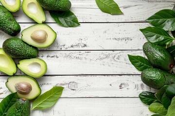 avocados and leaves on a white table