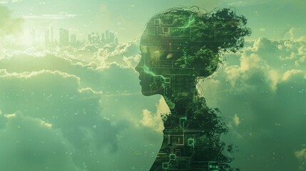 Illustrate a captivating visual of a human silhouette at a tilted angle, merging with futuristic elements like circuit patterns 