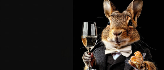 A striking image of a sophisticated squirrel dressed in a black suit and bow tie, holding a glass of champagne on a black background - obrazy, fototapety, plakaty