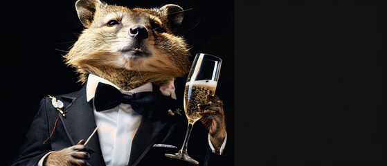 An anthropomorphic raccoon in a stylish black suit holding a champagne flute, exuding celebration vibes - obrazy, fototapety, plakaty