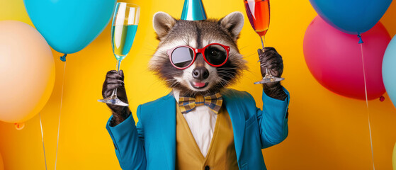 An adorable raccoon wearing a blue blazer and glasses celebrating with colorful balloons and champagne - obrazy, fototapety, plakaty