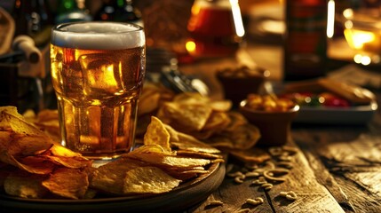 Fototapeta premium Glass of beer is on table with plate of chips