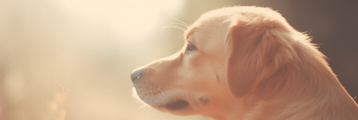 Golden Retriever in profile and serenity, shines at the golden hour, calmness and serenity that surrounds the elegant dog, labrador banner in sunrise 