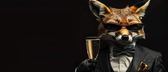 A stylish fox wearing sunglasses and a suit poses with a glass of champagne, evoking a sense of luxury and celebration - obrazy, fototapety, plakaty