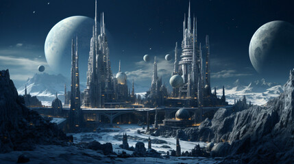 A city on the moon with domed structures 