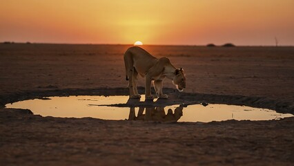 lioness drinking water at a waterhole at sunset - obrazy, fototapety, plakaty