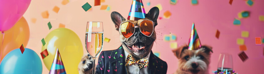 A rabbit and a dog in festive attire cheer with champagne glasses amid vibrant confetti and balloons - obrazy, fototapety, plakaty