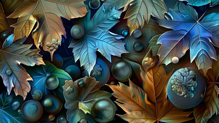 Abstract nature pattern blue green yellow leaves, AI Generative.