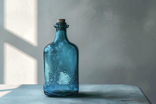 a blue glass bottle with a cork
