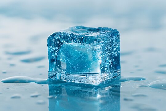 a blue ice cube with bubbles on it