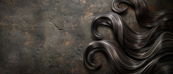  A macro photo of a rock with intricate patterns of human hair on its surface, set against a backdrop of weathered metal